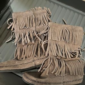 Minnetonka Grey Fringe Calf Boots